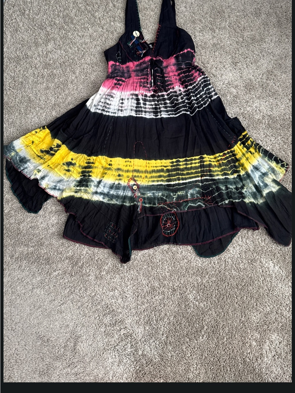 Boho Tie-Dye Tiered Maxi Skirt - Black with Pink, White & Yellow